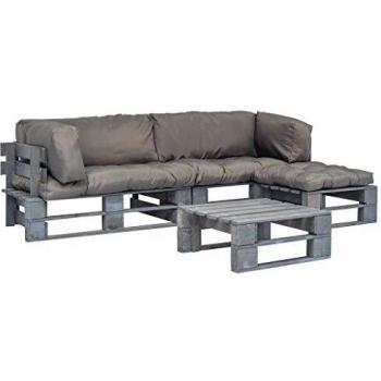 vidaXL Sofás Jardín Palés 4 Piezas Cojín Gris Madera Gris Exterior Patio
