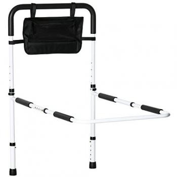 Barra de Apoyo para Cama HOMCOM - Ajustable en Altura y Profundidad - Blanco y Negro con Bolsillo de Almacenamiento
