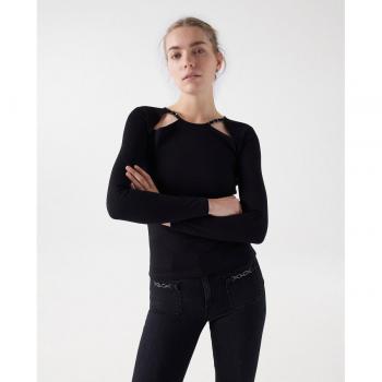 Camiseta negra de manga larga con detalle de cadena para mujer
