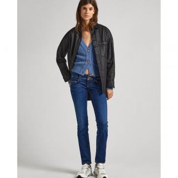 Pepe Jeans - Vaquero recto de mujer tiro bajo con cierre de doble botón, jeans slim azul