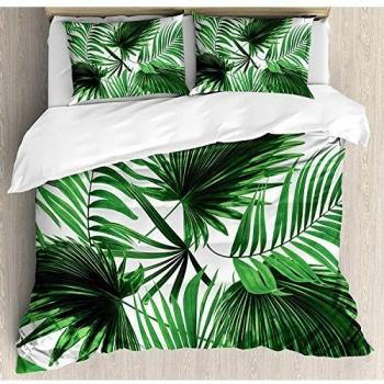 Juego de sábanas de 3 piezas Palm Leaf Juego de fundas nórdicas, hojas vívidas realistas de la ecología del crecimiento de la palmera Exuberante impresión temática de botánica, juego de fundas de edre