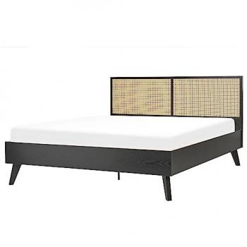 Cama Matrimonial 160x200 cm en Ratán Negro con Cabecero Trenzado y Estructura de Madera Clara