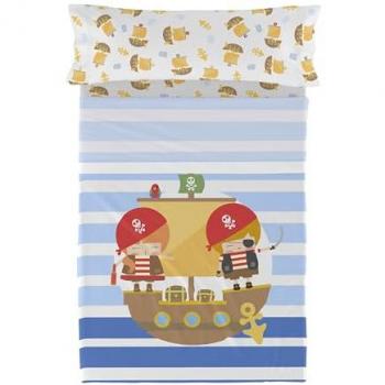Juego de Sábanas Multicolor Pirate Ship 2 Piezas para Cama de 105 cm, 100% Algodón, Calidad 150