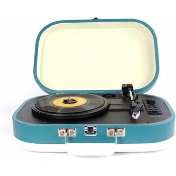 PRIXTON - Tocadiscos de Vinilos Vintage y Reproductor mp3 de Musica Mediante Bluetooth y USB, 2 Altavoces Incorporados, Diseño de Maleta, Color Azul | VC410