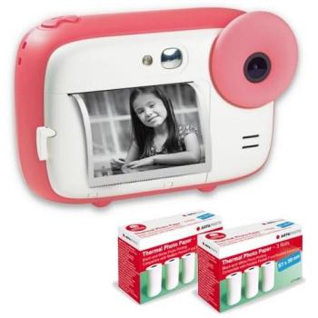 Agfa Photo Pack Realikids Instant Cam Rosa + 6 Rollos de Papel Térmico ATP3WH - Cámara instantánea infantil, Pantalla LCD de 2,4 Pulgadas, batería de Litio, Espejo Self