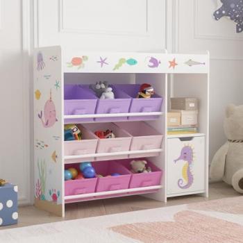 Estantería infantil Søndreland 80x90x30 cm - Diseño océano con 9 cajas plegables y compartimento cerrado - Rosa/Violeta