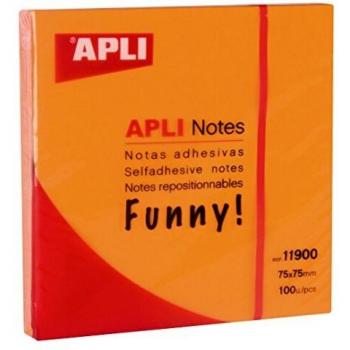 APLI 11900 - Notas adhesivas FUNNY 75 x 75 mm bloc de 100 hojas color Naranja Flúor