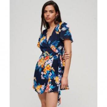 Vestido Corto Manga Corta Printed Wrap con Estampado Multicolor y Diseño Envoltura