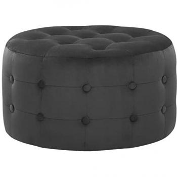 Puf Redondo de Terciopelo Negro Tampa 55 x 30 cm con Botón Tufted para Sala de Estar