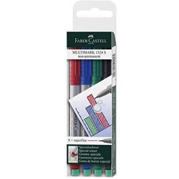 Marcadores Multimark no permanentes Faber-Castell, set de 4 colores (Rojo, Azul, Verde, Negro)