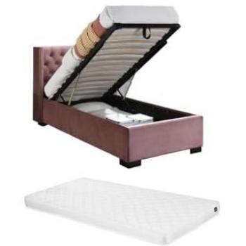 Cama con arcón de 90 x 200 cm, cabecero tapizado en terciopelo rosa + colchón Massimo