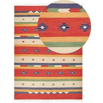 Alfombra kilim de algodón rojo/beige 140 x 200 cm, geométrica, reversible, con borlas, hecha a mano
