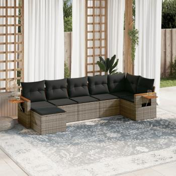7-Piece Grey Poly Rattan Garden Sofa Set with Cushions