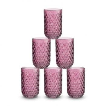 Set 6 Vasos de Cristal para Agua 270cc y 430cc con Relieve en Varios Colores, Aptos para Lavavajillas y Microondas