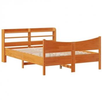 Estructura de cama con cabecero de madera de pino macizo en color marrón cera, dimensiones 140x190 cm
