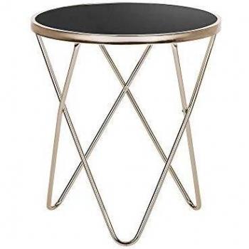 Mesa Auxiliar Redonda de Vidrio Templado Negro con Patas de Metal Dorado y Diseño de Horquilla 50 cm
