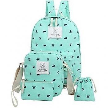 YipGrace Bolsa de Lona Importada Moda Set de 4 Piezas Mochila + Bolso de Bandolera + Billetera + Monedero para Escolar Viagem Livros Verde Claro