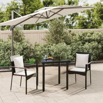 3-Piece Black Poly Rattan Garden Dining Set with Cushions