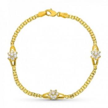 Pulsera oro 18k niña Primera Comunión doble cadena combinada circonitas forma flor mosquetón