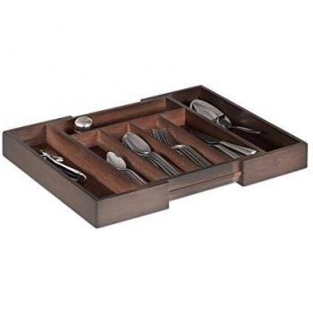 Organizador de Cubiertos Extensible en Bambú, 5-7 Compartimentos, Color Marrón, Dimensiones: 5.5x48.5x37cm