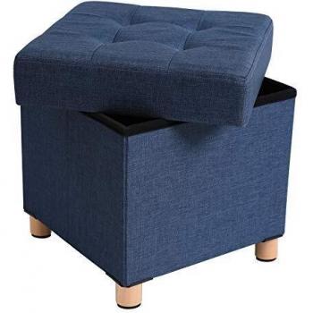 Taburete reposapiés cuadrado con almacenamiento y tapizado capitoné, patas de madera maciza, asiento acolchado de espuma, disponible en gris oscuro, gris claro y azul marino