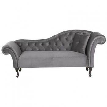 Chaise Longue Lattes de Terciopelo Gris Acolchado Capitonné con Brazo Derecho y Cojín