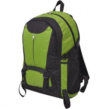 Mochila de senderismo 40 L negra y verde, fabricada en poliéster 600D, ideal para escalada y trekking, disponible en colores azul, verde y gris