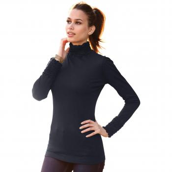 VENCA Camiseta de Cuello Alto y Manga Larga Fruncida en los Hombros by Vencastyle,Negro,3XL