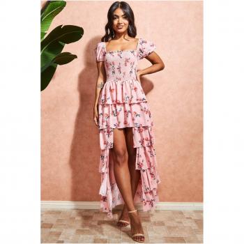 Goddiva Layered Dipped Hem Floral Maxi Dress - Peach, Size 10 UK