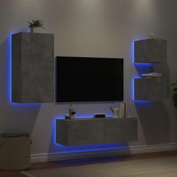 Mueble de TV de pared 4 piezas con luces LED en color gris concreto