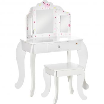 HOMCOM Tocador Infantil de Madera con Taburete, Espejo Acrílico de 3 Sectores y Cajón para Habitación del Niño 63x40x85,5 cm Rosa o Blanco