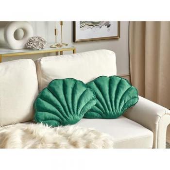 Conjunto de 2 cojines decorativos en terciopelo verde esmeralda forma de concha marina