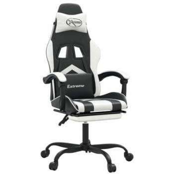 Silla gaming con reposapiés cuero sintético negro blanco