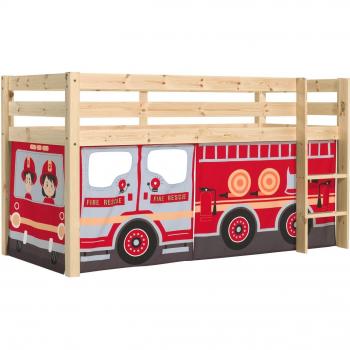 Cama de media altura Vipack Pino 90x200 cm con textil Rescate de Bomberos y somier incluido, madera maciza