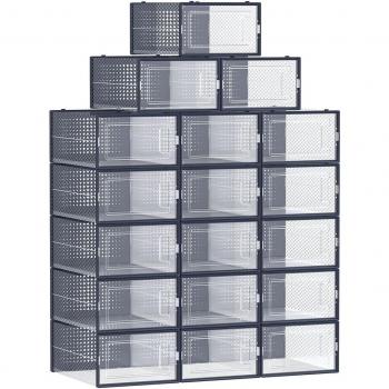 Pack de 18 cajas de zapatos plegables y apilables, organizadores de almacenamiento para calzado hasta talla 46, disponibles en azul, beige, blanco, negro y verde, tamaño M (33,5 x 23,2 x
