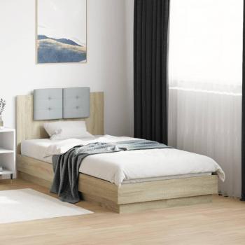 Cama solar con cabecera y LED Sonoma Oak 75x190 cm, estructura de cama cabecero luces led roble Sonoma 75x190 cm, color marrón