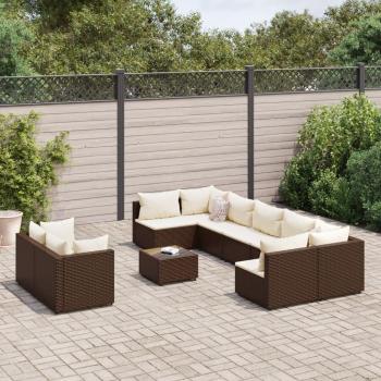 10-Piece Brown Poly Rattan Garden Sofa Set with Cushions