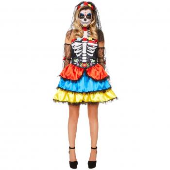 Day of the Dead Senorita Costume for Women - Features: Traditional Mexican design, vibrant colors, floral patterns, includes dress and accessories (headpiece or flower crown), available in various sizes, perfect for Halloween or Día de los Muertos celebr