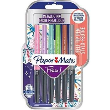 Paper Mate Flair Felt Tip Pens, Medium Point (0.7mm), Assorted Metallic Colors, 6 Count