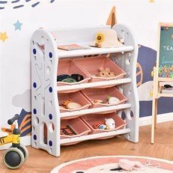 HOMCOM Estantería Infantil para Juguetes con Organizador de Almacenaje, 6 Cajas de Tela y Estante Superior, Estructura de HDPE para Sala de Juegos y Guardería, Dimension