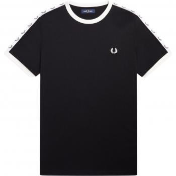 Camiseta Deportiva Fred Perry Ringer para Hombre con Borde en Contraste y Cinta de Laurel - Color Negro, Talla XL
