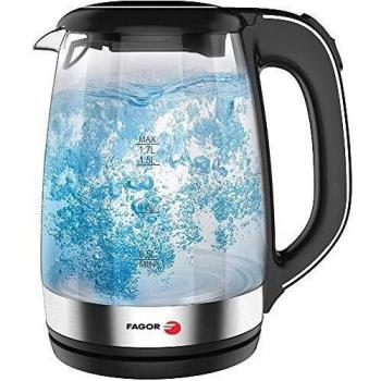 Fagor Hervidor de Agua TEYA. 2200W de potencia. Capacidad de 1.7L. Jarra de vidrio con luz led y base 230º. Asa ergonómica y filtro en la boquilla vertedora. Botón de apertura. Color negro.