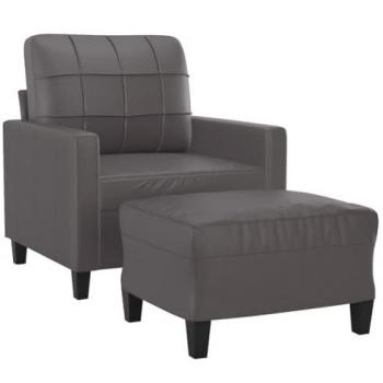 Sillón con taburete cuero sintético gris 60 cm