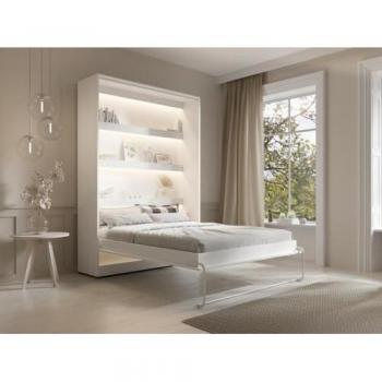 Cama abatible 140 x 200 cm - Apertura vertical manual - Con LEDs - Blanco + Colchón RAPILI