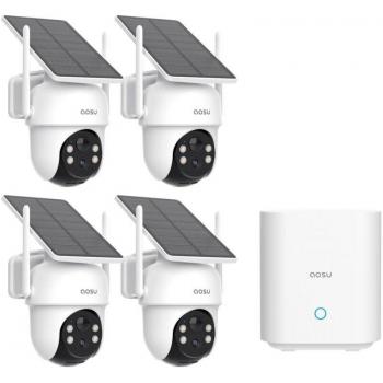 Cámara de Vigilancia Solar WiFi Exterior 2K AOSU, Kit de 4 Cámaras con Homebase, Sin Suscripción, 3MP, Sin Cables, Panel Solar, Visión Nocturna, PTZ