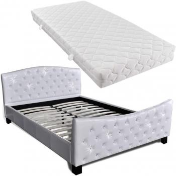 vidaXL Cama doble blanca cuero botones acrílicos +colchón 140 x 200 cm