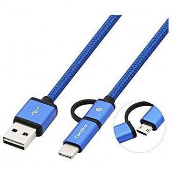 CoolBox COO-CAB-U2MC-GR - Cable 2 en 1 microUSB y USB-C, trenzado y resistente, conectores reversibles, azul