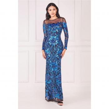 Goddiva Floral Sequin Mesh Maxi Dress - Navy
