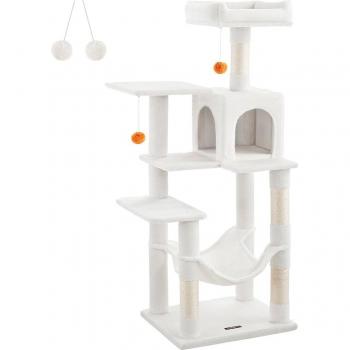 Feandrea Árbol para Gatos Multinivel 143 cm con 4 Postes Rascadores, 2 Plataformas, 1 Cueva, 1 Hamaca, 2 Pompones, Tela de Felpa en color