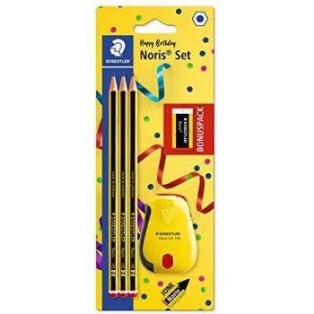 STAEDTLER 120 SBK3P2 Noris Edición Limitada Feliz Aniversario - Blister con 3 lápices de grafito Noris HB de Grafito, Afilalápices con depósito Noris + GRATIS goma de borrar Noris